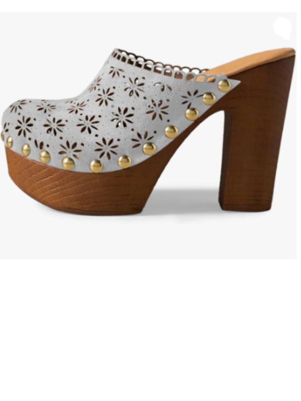 FOWT Light Gray Studded Round Toe Floral Cut Out Platform Mules Chunky Heel Shoe